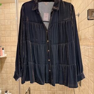 J. Jill Women's Smoky Blue Velvet Button Down Tiered Shirt, New